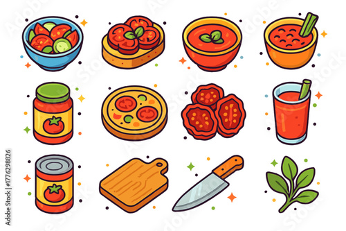 Tomato Delights Icons. Tomato-based kitchen creations. Colorful isometric vector icons set of Tomato-based kitchen creations: fresh tomato salad, bruschetta,