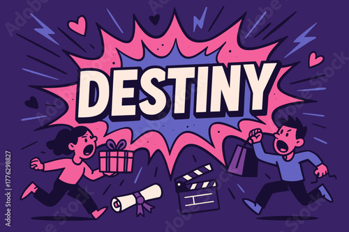 Comic Burst Extravaganza. Destiny comic burst, flat vector illustration, bold oversized text inside splash explosion, cartoon characters shouting and running