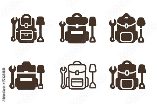 Post-Apocalyptic Logo Set. Post-apocalyptic societies. Set Logo of Post-apocalyptic societies: scavenger backpack with tools. Icon set. harmonious logo