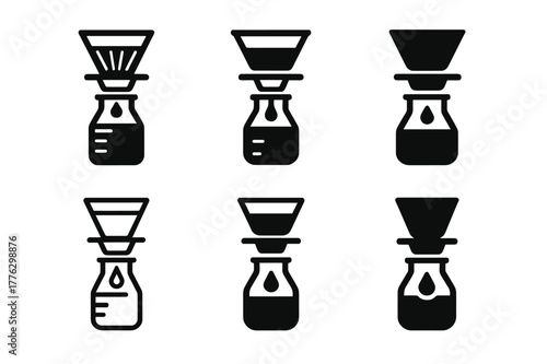 Cold Brew Logo Variations. Cold brew setup. Set Logo of Cold brew setup: dripper funnel on top of beaker. Icon set. harmonious logo variations of the same