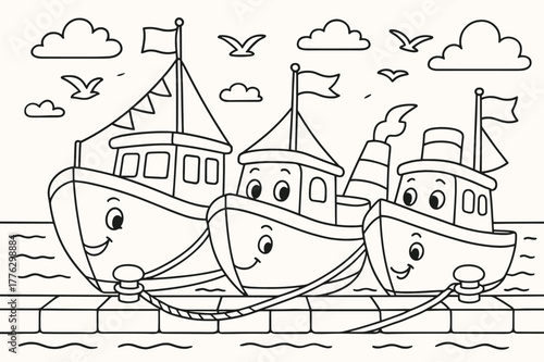 Friendly Cartoon Boats. Boats at the quay children?s coloring book illustration, outlined drawing, friendly cartoon boats tied to a stone embankment with flags