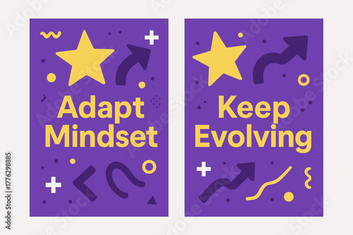 Adapt & Evolve Banners. Adapt mindset. Two vertical A6 banners with safe margins, centered composition, no elements touching edges, memphis, purple and yellow,