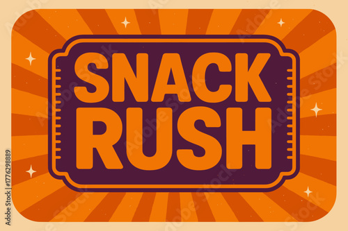 Retro Snack Poster. . Snack Rush ? Retro Poster: bold rounded headline, centered layout with halftone rays and subtle paper grain; effects: thin outline, soft