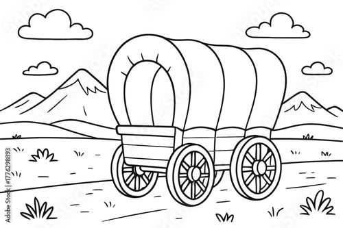 Wagon Trail Coloring Page. Western wagon trail children?s coloring book illustration, outlined drawing, covered wagon rolling across open plains with mountains