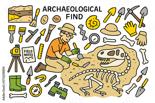 Dinosaur Dig Doodles. Archaeological find. Hand-drawn doodle illustration paleontologist (colored), dinosaur skeleton (colored), fossils (colored), excavation
