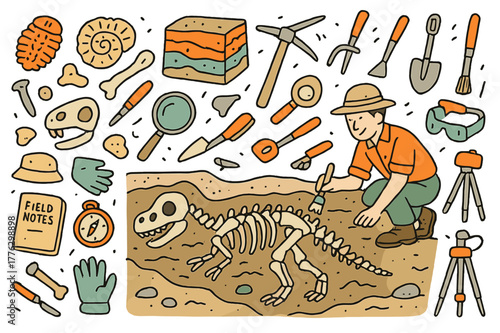 Colorful Fossil Excavation. Fossil dig site. Hand-drawn doodle illustration paleontologist (colored), dinosaur skeleton (colored), fossils (colored),