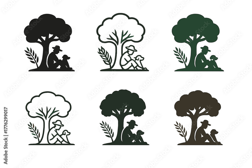 Fototapeta premium Farmer and Dog Emblems. A farmer and his dog taking a break under the shade of a tree. Set Logo of A farmer and his dog taking a break under the shade of a