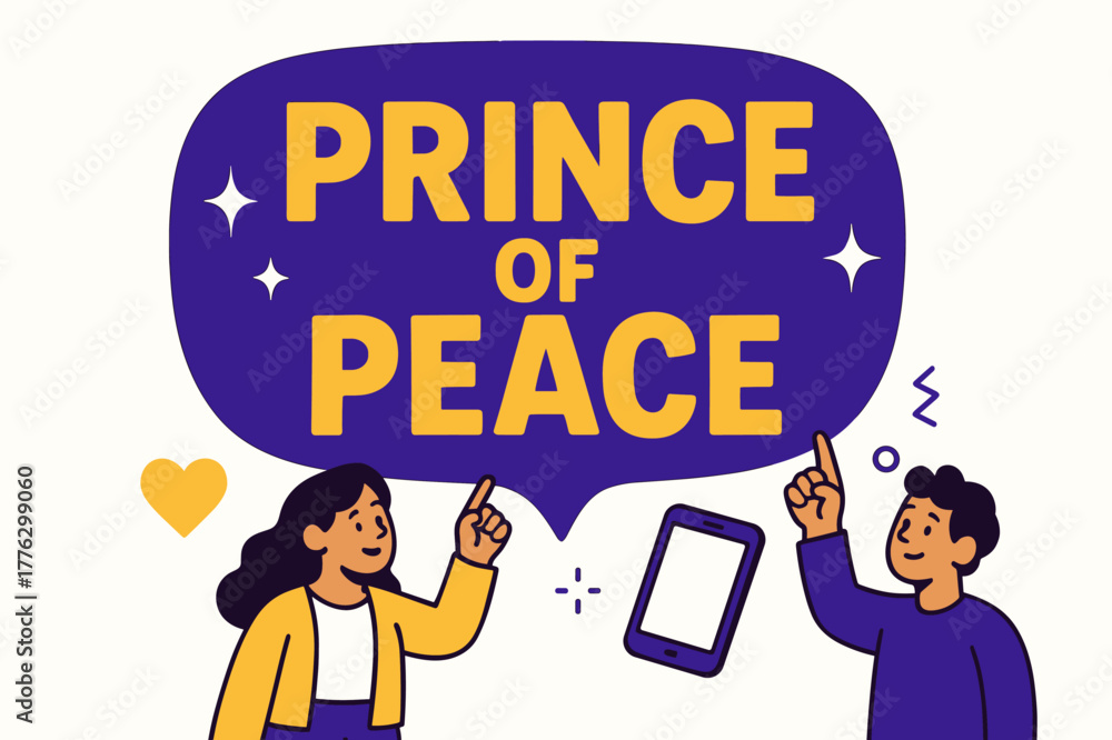 Naklejka premium Prince Peace Banner. Prince of Peace banner, flat vector illustration, bold oversized text inside rounded blob banner, cartoon characters standing and pointing