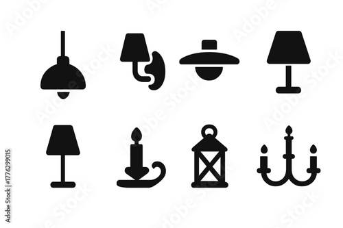 Iconic Lighting Collection. Lighting fixtures. Filled icon set of lighting fixtures: pendant light, wall