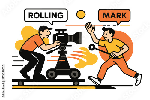 Camera Rehearsal Scene. Behind-the-scenes filming ? Dolly rehearsal. A camera glides on rails; motion lines sweep as a focus puller tracks the marks. ?ROLLING?