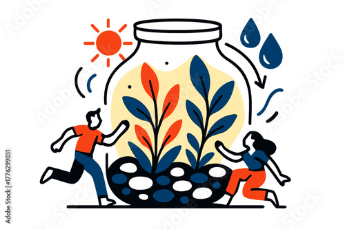 Modern Terrarium Design. Decorative terrarium. Glass container with glowing plants, pebbles, and tiny