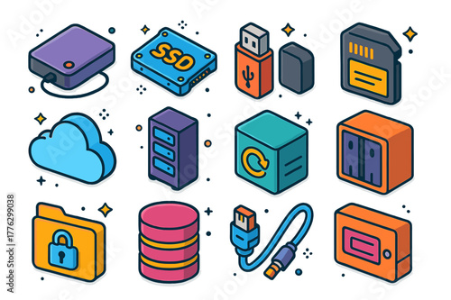 Digital Storage Icons. Digital data storage. Colorful isometric vector icons set of Digital data storage: external hard drive, SSD, USB flash drive, memory