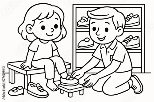 Shoe Fitting Fun. Shoe fitting children?s coloring book illustration, outlined drawing, child trying on shoes
