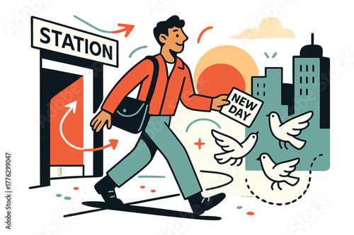 Sunrise Cityscape Awakening. Sunrise arrival. He steps out of a station as the city blushes awake; ?New day? curves across his ticket. Pigeons stitch dotted