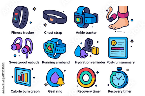 Colorful Fitness Icons. Fitness wearables. Colorful isometric vector icons set of Fitness wearables: fitness tracker, chest strap sensor, ankle tracker,