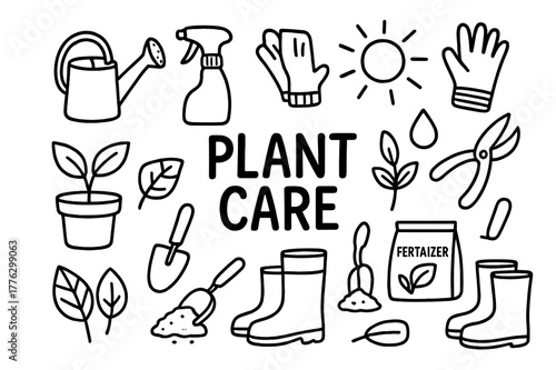 Plant Care Tools. Plant care. Hand-drawn doodle illustration plant care watering can, spray bottle, gloves, pruning shears, pot, leaves, fertilizer bag, soil