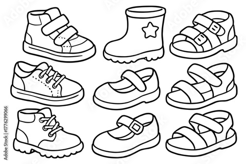 Children's Shoe Coloring. Footwear fashion children?s coloring book illustration, outlined drawing, cheerful