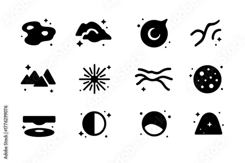 Lunar Terrain Icons. Lunar surface features. Solid icons set of Lunar surface features: maria plain, highlands, crater, rille, mountain range, ray system,