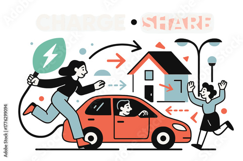 EV Charging Harmony. EV charging & vehicle-to-grid. A car sips power from a leaf-shaped plug; ?Charge ? Share? glows above. Arrows reverse from the car to the