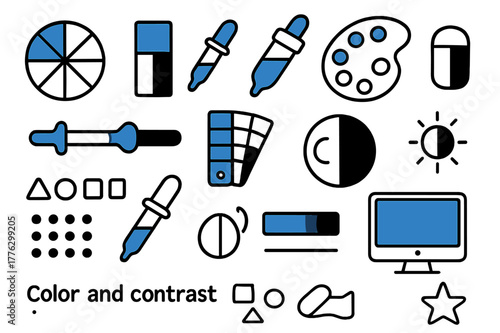 Color Contrast Tools. Color and contrast. Hand-drawn doodle illustration color and contrast color wheel (accented), light-dark scale (accented), dropper tool,