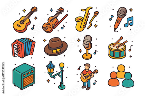 Urban Music Icons. Urban music act. Colorful isometric vector icons set of urban music act: guitar, violin, saxophone, drum, accordion, hat for tips,