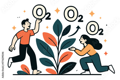 Photosynthesis Energy Art. Oxygen. Plants producing oxygen via photosynthesis with abstract floating O2 molecules and sparkles; conveys ecology,