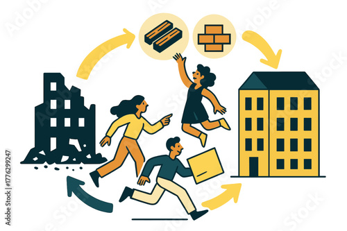 Circular Economy in Construction. Circular economy in building. Flow of arrows connecting demolished and new structures; materials reappear as icons of beams,