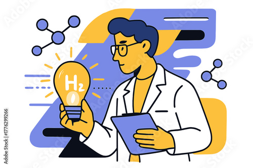 Hydrogen Cell Examination. Fuel Cell Innovation. A scientist examines a glowing hydrogen cell under futuristic