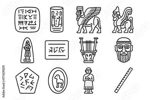 Mesopotamian Relic Icons. Mesopotamian relics. Line icon set of Mesopotamian relics: cuneiform tablet, cylinder seal, winged bull relief, lamassu figurine,