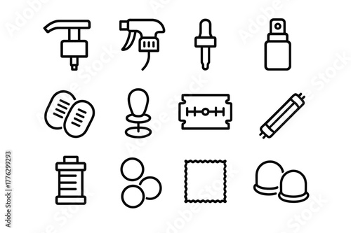 Hygiene Refills Icon Set. Hygiene refills and accessories. Line icon set of hygiene refills and accessories: pump head, spray nozzle, glass dropper, fine mist