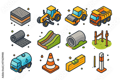 Gravel Road Construction Icons. Gravel road construction. Colorful isometric vector icons set of Gravel road construction: roadbed layers, motor grader,