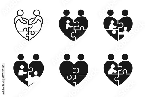Puzzle Heart Logos. A family putting together a puzzle on a cozy afternoon. Set Logo of a family putting together a puzzle on a cozy afternoon: interlocking