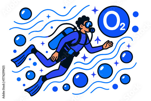 Diver's Oxygen Dance. Oxygen. Diver underwater surrounded by oxygen bubbles; abstract floating lines and sparkles highlight respiration, scuba diving, and