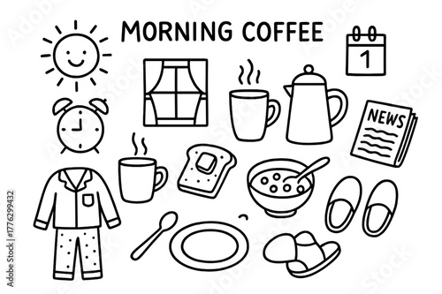 Morning Coffee Doodles. Morning Coffee. Hand-drawn doodle illustration Morning Coffee coffee cup, kettle, mug, breakfast, toast, cereal bowl, alarm clock, sun,