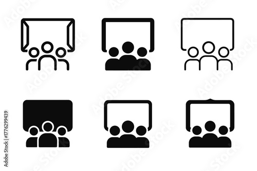 Corporate Event Logos. Corporate event and conference organizing. Set Logo of corporate event and conference organizing: audience silhouettes facing stage.