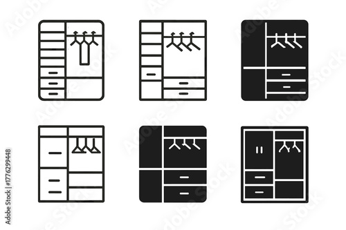 Customizable Storage Logos. Customizable home storage solutions. Icon set. Set Logo of customizable home storage solutions: closet organizer system. harmonious