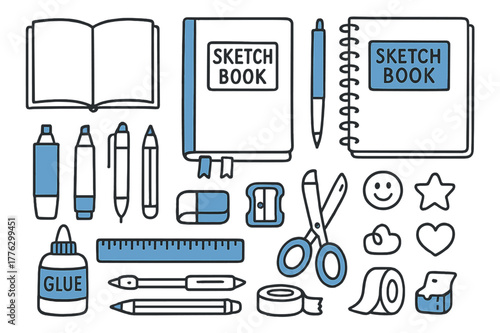 Colorful Sketchbook Essentials. Sketchbook. Hand-drawn doodle illustration Sketchbook Pages, colored Pages, Covers, colored Covers, Binding, colored Binding,