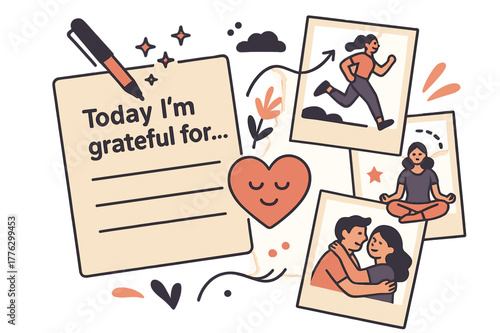 Gratitude Journal Scene. Gratitude journaling. A pen trails stars as three lines appear: ?Today I?m grateful for??. Polaroid-style moments float around a calm
