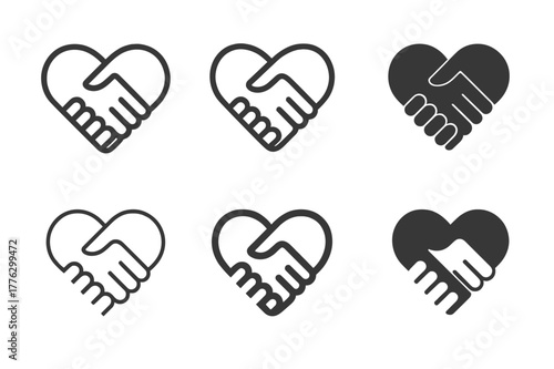 Harmonious Handshake Icons. Building rapport. Set Logo of Building rapport: handshake inside a heart shape. Icon set. harmonious logo variations of the same