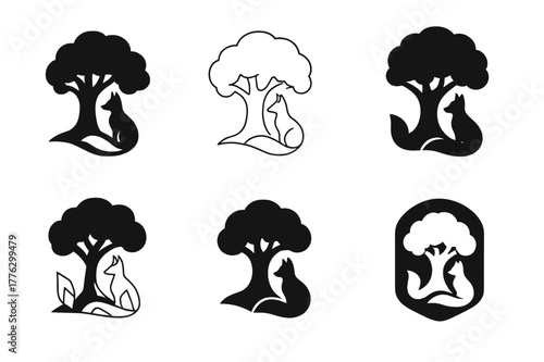 Forest Spirit Logos. A forest spirit guarding an ancient oak tree. Set Logo of a forest spirit guarding an ancient oak tree: fox spirit silhouette beside oak.