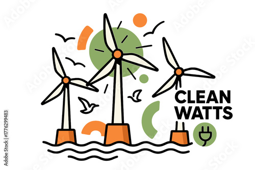 Offshore Wind Symphony. Offshore Wind Turbines. Slow-blade giants turn above gentle waves as seabirds trace tidy arcs; ?Clean Watts? hovers near a cable icon.