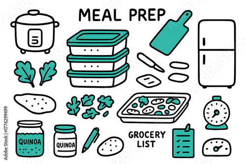 Meal Prep Essentials. // Meal prep. Hand-drawn doodle illustration Meal prep [rice cooker, chopping board, meal boxes (accented), lids, salad greens, roasted