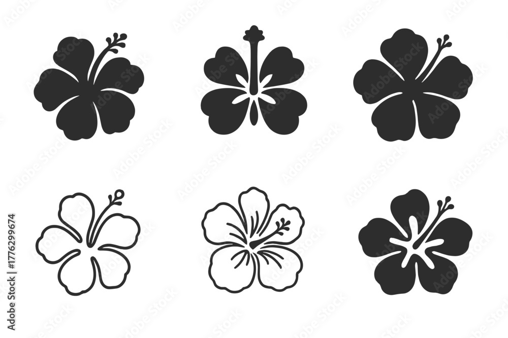 Obraz premium Hibiscus Logo Variations. Flowering plants. Set Logo of Flowering plants: hibiscus flower. Icon set. harmonious logo variations of the same emblematic concept,