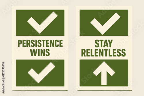 Persistence Banners. Persistence wins. Two vertical A6 banners with safe margins, centered composition, no elements touching edges, geometric, olive green and