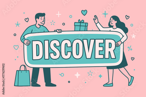 Discover Banner. DISCOVER banner, flat vector illustration, bold oversized text inside sticker outline, cartoon characters standing and holding interacting