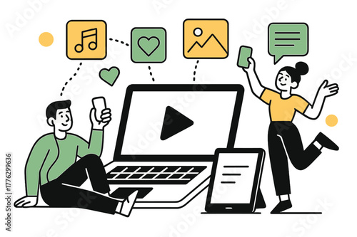 Digital Media Ecosystem. Media Consumption Habits. Wide view of digital media environment with multiple devices and floating abstract geometric content icons,