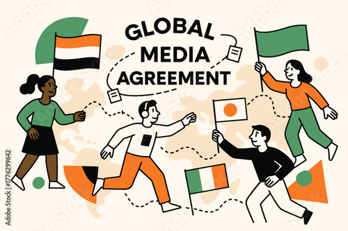 Global Media Treaty. Television licensing and regulations ? International broadcast treaty. Flags stylized as geometric color blocks; dotted lines connect