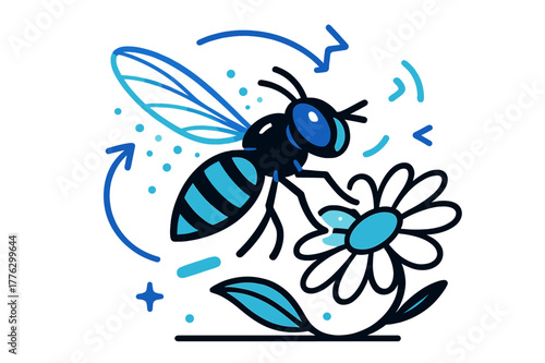 Hoverfly Near Daisy. Hoverfly in motion. A sleek hoverfly buzzing near a daisy, glowing pollen grains floating