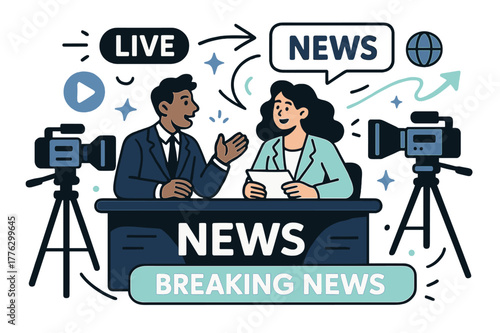 Dynamic News Broadcast. Broadcasting live. Anchors in front of cameras, glowing headlines and news tickers