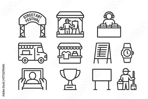 Street Art Icon Set. Street Art Festival. Line icon set of Street Art Festival: festival arch, live painting stage, audience crowd, DJ booth, food truck, merch